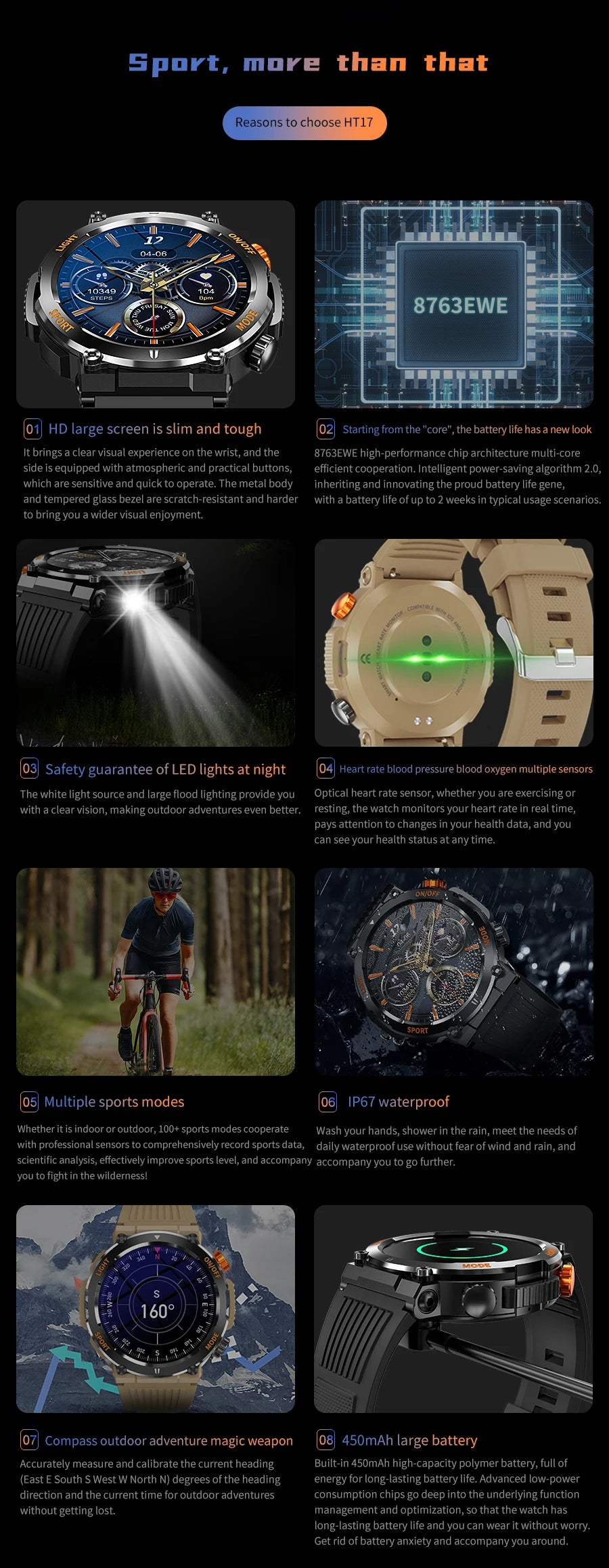 Relógio Smartwatch Outdoor HT17 – LED, Bússola, Bluetooth e Monitor de Saúde