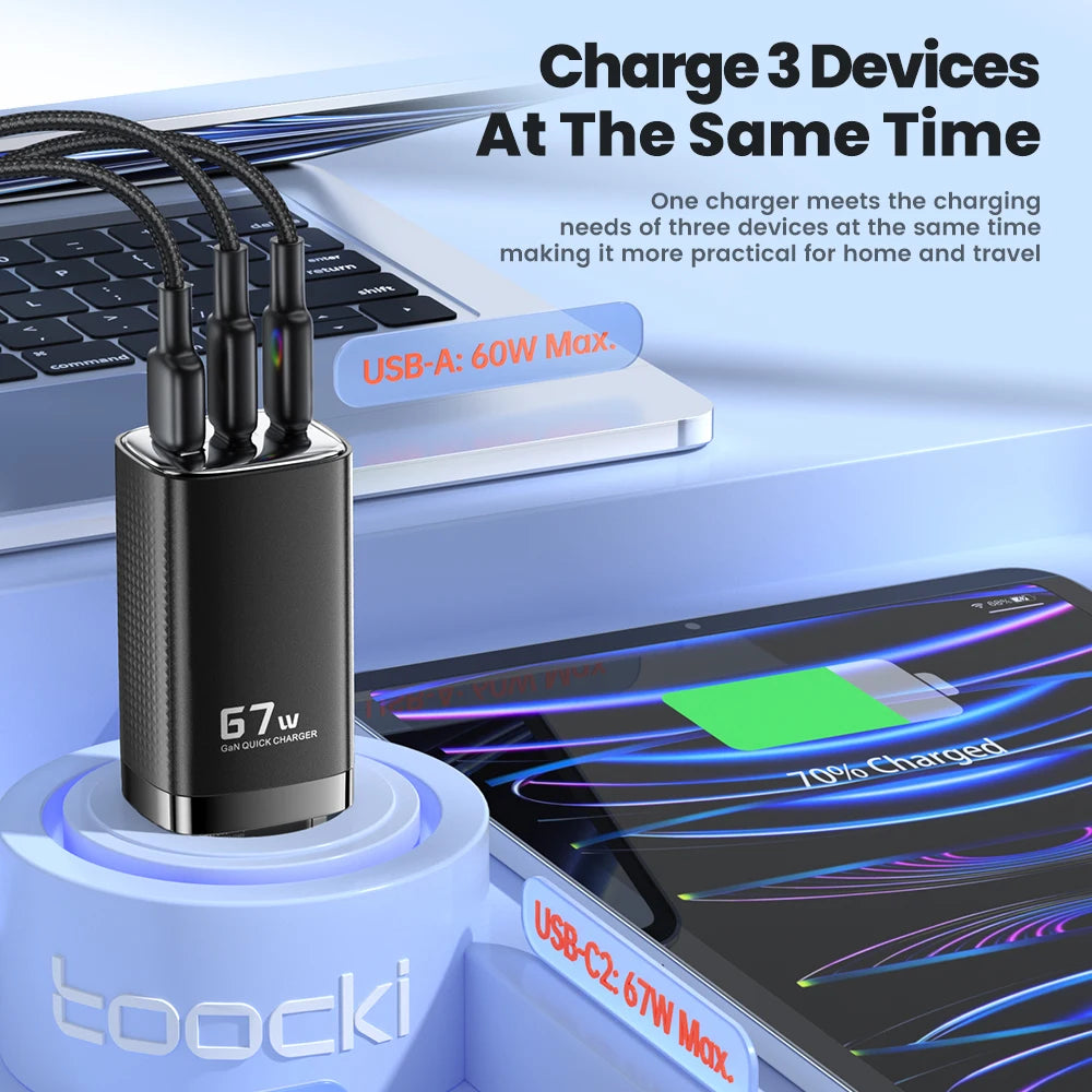 Carregador GaN 67W Toocki – PD 3.0 e Quick Charge para iPhone, Samsung e Mais