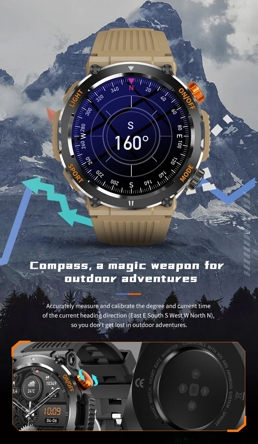 Relógio Smartwatch Outdoor HT17 – LED, Bússola, Bluetooth e Monitor de Saúde