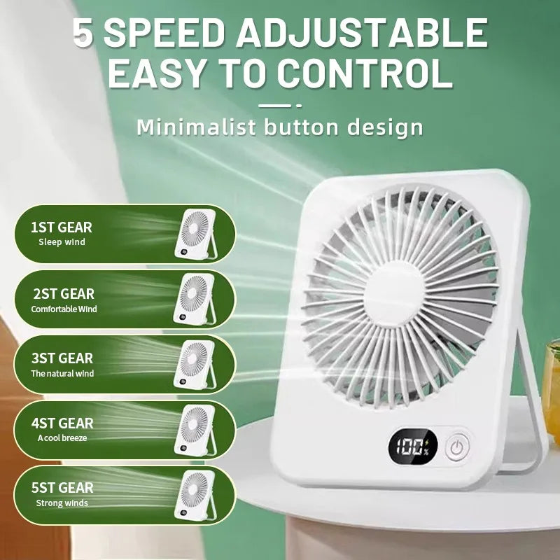 Mini Ventilador Portátil USB Recarregável – 5 Velocidades, Silencioso e Dobrável