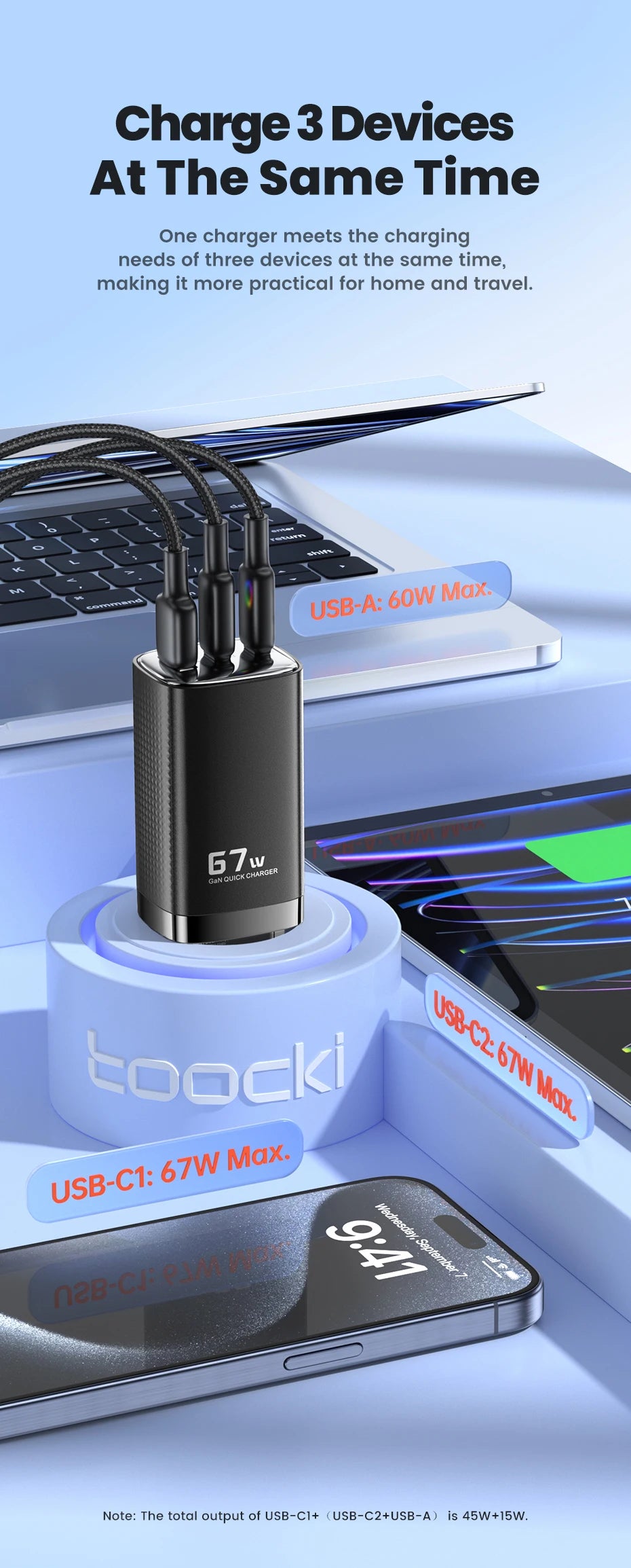 Carregador GaN 67W Toocki – PD 3.0 e Quick Charge para iPhone, Samsung e Mais