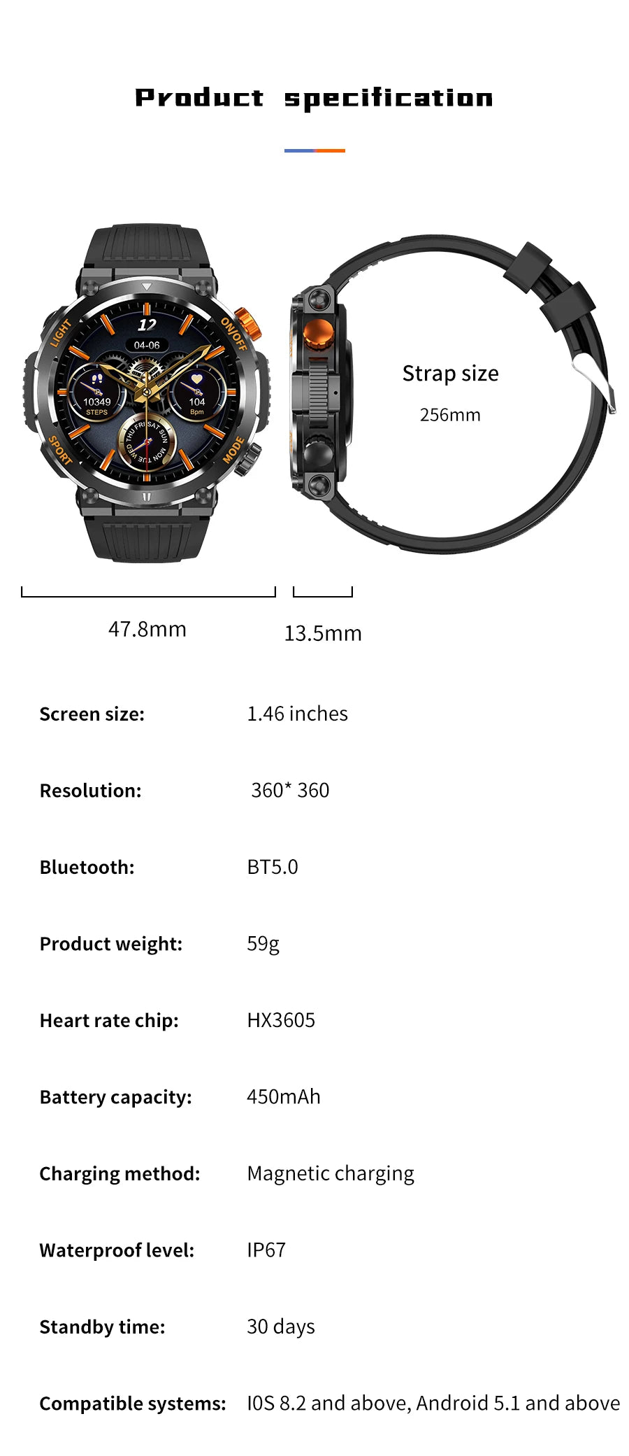 Relógio Smartwatch Outdoor HT17 – LED, Bússola, Bluetooth e Monitor de Saúde