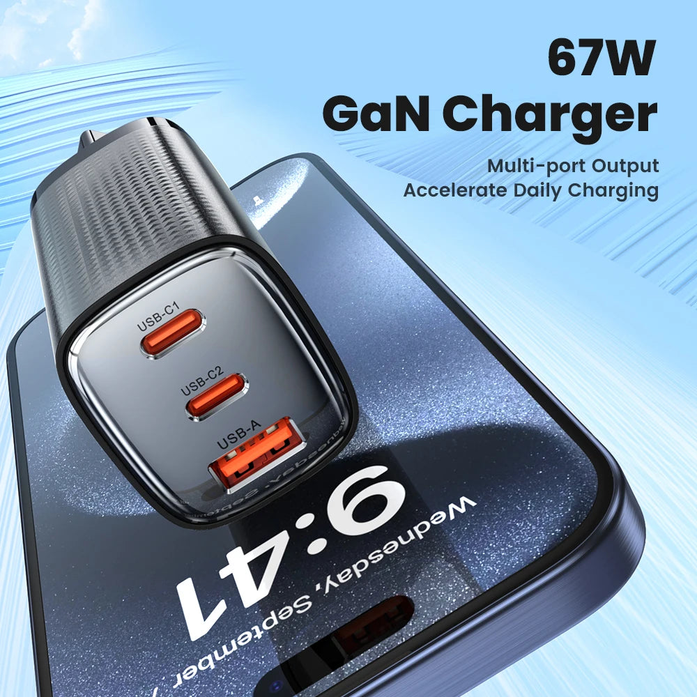 Carregador GaN 67W Toocki – PD 3.0 e Quick Charge para iPhone, Samsung e Mais